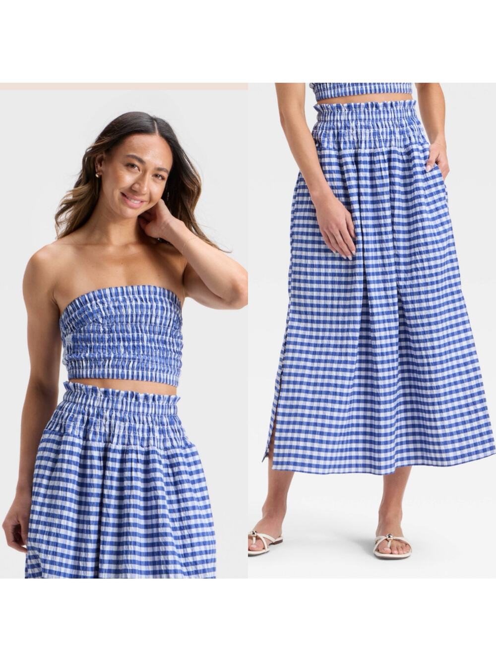 Universal Thread Women's Smocked Tube Top & Skirt Blue Gingham Set Size Medium